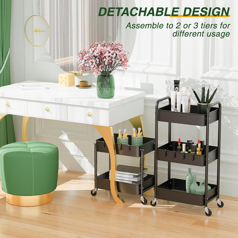 KriShyam ® 3 Tier Metal Rolling Cart with Wheels, Rolling Utility Cart Storage Organizer with Hooks, Easy Assemble for Kitchen, Bathroom, Living Room, Office, Nursery, Garage (Black)