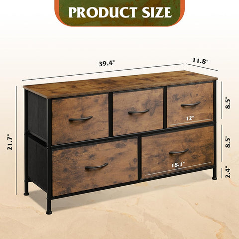 KriShyam® 5 Drawers Fabric Dresser Storage Chest of Drawers for Bedroom,Closet, Living Room, Hallway, Dorm,Children's Room Sturdy Steel Frame, Easy Pull Fabric Bins & Wooden Top