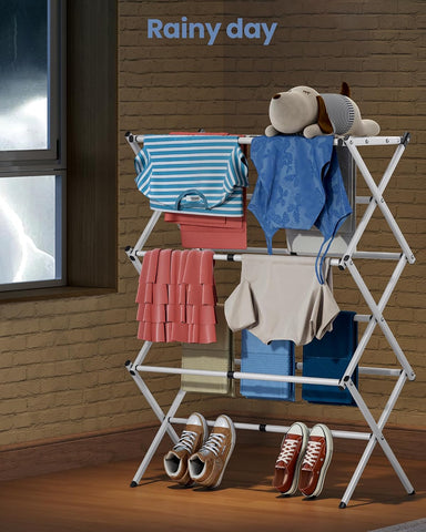 KRISHYAM® 3 Tier Expandable Foldable Clothes Drying Stand for Home, Telescopic Metal Laundry Drying Rack with Adjustable 40–70 cm Width, Multiple Drying Rods & Non-Slip Feet for Balcony & Indoor Use, White