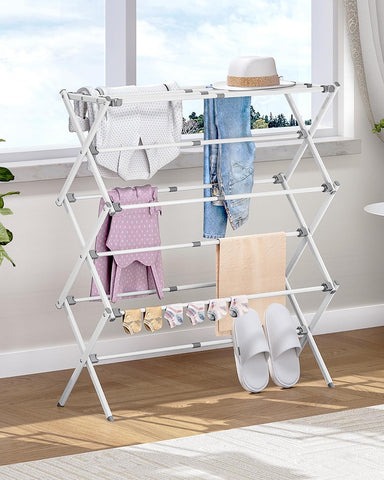 KRISHYAM® 3 Tier Expandable Foldable Clothes Drying Stand for Home, Telescopic Metal Laundry Drying Rack with Adjustable 40–70 cm Width, Multiple Drying Rods & Non-Slip Feet for Balcony & Indoor Use, White
