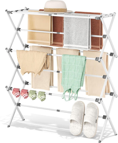 KRISHYAM® 3 Tier Expandable Foldable Clothes Drying Stand for Home, Telescopic Metal Laundry Drying Rack with Adjustable 40–70 cm Width, Multiple Drying Rods & Non-Slip Feet for Balcony & Indoor Use, White