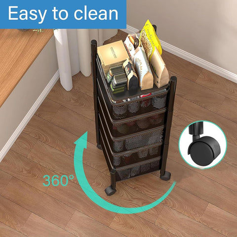 KRISHYAM® 4-Tier Metal Rolling Kitchen Storage Trolley with Mesh Baskets & Wheels | Multipurpose Vegetable, Fruit & Utility Organizer Cart | Heavy-Duty Steel | Black (4-Tier Square)