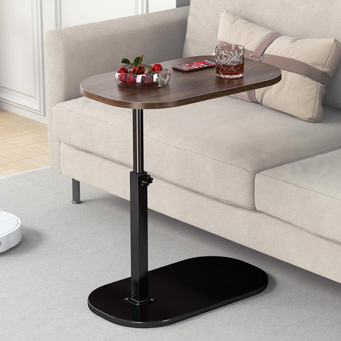 KRISHYAM® Adjustable C-Shaped Side Table for Sofa & Bed, 360° Rotatable Wooden Top, Height Adjustable 45–80 cm Laptop & Bedside Table, Portable End Coffee Snack Table with Metal Base, 40 x 30 cm, Brown & Black