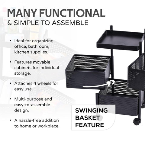 KRISHYAM® 4-Tier Metal Rolling Kitchen Storage Trolley with Mesh Baskets & Wheels | Multipurpose Vegetable, Fruit & Utility Organizer Cart | Heavy-Duty Steel | Black (4-Tier Square)
