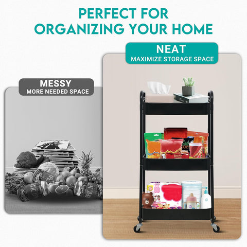 KriShyam ® 3 Tier Metal Rolling Cart with Wheels, Rolling Utility Cart Storage Organizer with Hooks, Easy Assemble for Kitchen, Bathroom, Living Room, Office, Nursery, Garage (Black)