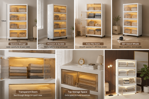 KRISHYAM® Modular Plastic Storage Cabinet with Translucent Doors & Wheels | Multi-Tier Clothes & Utility Organizer | Dustproof Freestanding Wardrobe (4 Layer - 4 Transparent Door (White)