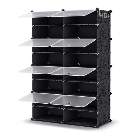 KRISHYAM® 16 Step Modular Shoe Rack Cabinet with Flip Doors & Side Hooks, Stackable Plastic Shoe Storage Organizer for Entryway, Bedroom & Closet, Space Saving Multi Layer (8 Door 16 Step (Black))