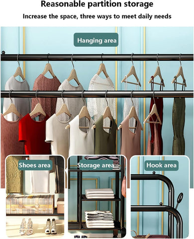 Krishyam® Double Rods Portable Garment Rack Wide Clothes Rail,Metal Clothes Rack with 2 Hanging Rails, 4 Hooks, 4 Side Shelves, and 2 Down Shelves, for Storing Shoes and Clothes