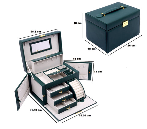 KRISHYAM® Jewelry Box, 4 Layer Leather Jewelry Boxes, Jewelry Organizer with Mirror and Lock for Girls Women Bracelets Rings Necklaces Earrings (Black, Green, Pink, White)