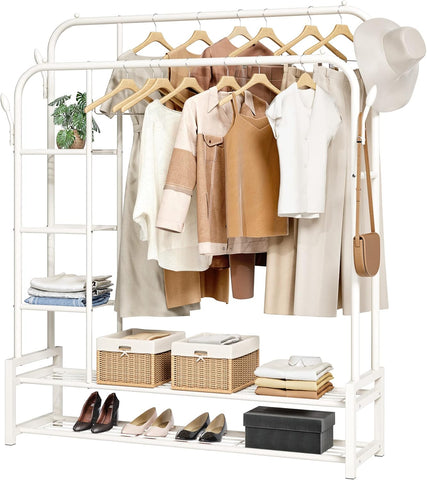 Krishyam® Double Rods Portable Garment Rack Wide Clothes Rail,Metal Clothes Rack with 2 Hanging Rails, 4 Hooks, 4 Side Shelves, and 2 Down Shelves, for Storing Shoes and Clothes