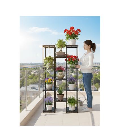 KRISHYAM® 11-Tier Plastic Flower Stand for Indoor & Outdoor | Multi-Layer Plant Display Rack for Pots | Rust-Free, Heavy-Duty Garden Organizer Shelf (BLACK, 11 TIER)