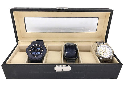 KriShyam® Wrist Watch Storage Box Display Case Organizer of Faux Leather Finish with Glass Window 6 Slot 30x8x11 cm