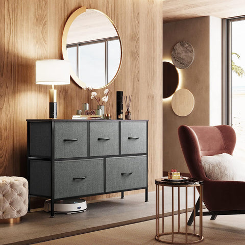 KriShyam® 5 Drawers Fabric Dresser Storage Chest of Drawers for Bedroom,Closet, Living Room, Hallway, Dorm,Children's Room Sturdy Steel Frame, Easy Pull Fabric Bins & Wooden Top