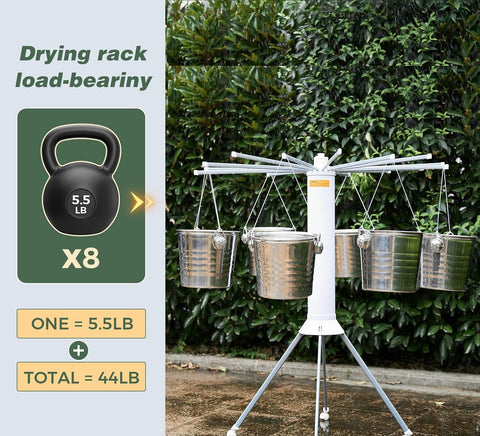 KRISHYAM® 16 Stick Clothes Drying Rack - Portable Indoor/Outdoor Laundry Airer | Space-Saving Tripod Design | Natural Bamboo & White Finish (16 Stick-White & Wooden)