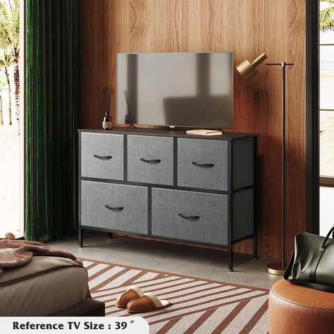 KriShyam® 5 Drawers Fabric Dresser Storage Chest of Drawers for Bedroom,Closet, Living Room, Hallway, Dorm,Children's Room Sturdy Steel Frame, Easy Pull Fabric Bins & Wooden Top
