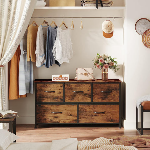 KriShyam® 5 Drawers Fabric Dresser Storage Chest of Drawers for Bedroom,Closet, Living Room, Hallway, Dorm,Children's Room Sturdy Steel Frame, Easy Pull Fabric Bins & Wooden Top