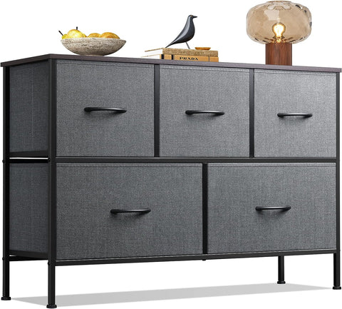 KriShyam® 5 Drawers Fabric Dresser Storage Chest of Drawers for Bedroom,Closet, Living Room, Hallway, Dorm,Children's Room Sturdy Steel Frame, Easy Pull Fabric Bins & Wooden Top