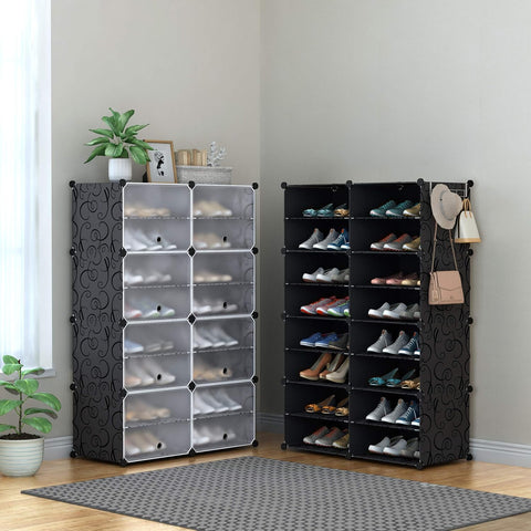 KRISHYAM® 16 Step Modular Shoe Rack Cabinet with Flip Doors & Side Hooks, Stackable Plastic Shoe Storage Organizer for Entryway, Bedroom & Closet, Space Saving Multi Layer (8 Door 16 Step (Black))
