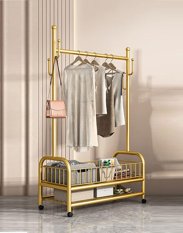 Krishyam® Exquisite Clothes Rail Rack Clothes Rail, 4 in 1 Coat Rack on Brake Wheels, Multifunction Garment Rack with Cactus Hooks and Double Tier Storage Shelf