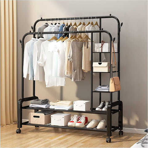 Krishyam® Double Rods Portable Garment Rack Wide Clothes Rail,Metal Clothes Rack with 2 Hanging Rails, 4 Hooks, 4 Side Shelves, and 2 Down Shelves, for Storing Shoes and Clothes