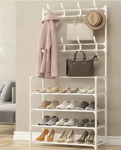 KriShyam® 3-in-1 Entryway Coat Rack & Shoe Bench – Hooks and Shelves for Hats, Coats, and Umbrellas – Stylish Black Multifunctional Organizer (4-TIER)