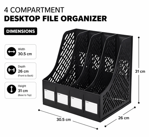 KRISHYAM ® 4 Slot Plastic Magazine File Holder Rack | Desktop Document Organizer | A4 File Storage Stand | Multi-Compartment Office Desk Organizer for Books, Folders & Papers (FILE ORGANISER (BLACK, Blue)