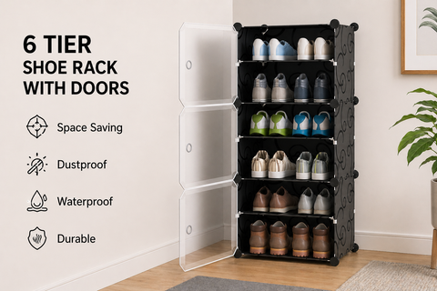 KRISHYAM® Plastic Shoe Rack for Home with Door | Modular Stackable Shoe Organizer | Waterproof & Dustproof Shoe Storage Rack for Bedroom, Entryway & Closet | 3 Door 6 Step (Black)