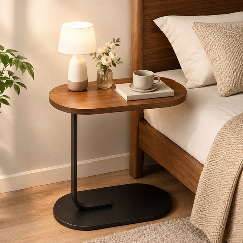 KRISHYAM® C-Shaped Side Table for Sofa & Bed, Wood Finish Bedside End Table with Metal Frame, Compact Laptop Coffee Snack Table for Living Room, Bedroom & Office, 40 x 28 x 55 cm, Brown & Black