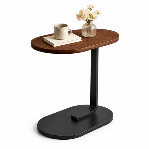 KRISHYAM® C-Shaped Side Table for Sofa & Bed, Wood Finish Bedside End Table with Metal Frame, Compact Laptop Coffee Snack Table for Living Room, Bedroom & Office, 40 x 28 x 55 cm, Brown & Black