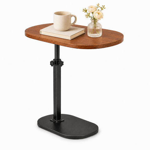 KRISHYAM® Adjustable C-Shaped Side Table for Sofa & Bed, 360° Rotatable Wooden Top, Height Adjustable 45–80 cm Laptop & Bedside Table, Portable End Coffee Snack Table with Metal Base, 40 x 30 cm, Brown & Black