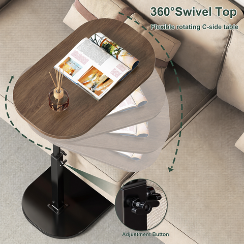 KRISHYAM® Adjustable C-Shaped Side Table for Sofa & Bed, 360° Rotatable Wooden Top, Height Adjustable 45–80 cm Laptop & Bedside Table, Portable End Coffee Snack Table with Metal Base, 40 x 30 cm, Brown & Black