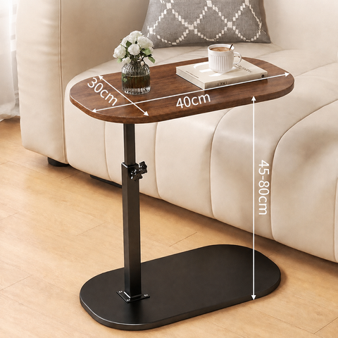 KRISHYAM® Adjustable C-Shaped Side Table for Sofa & Bed, 360° Rotatable Wooden Top, Height Adjustable 45–80 cm Laptop & Bedside Table, Portable End Coffee Snack Table with Metal Base, 40 x 30 cm, Brown & Black