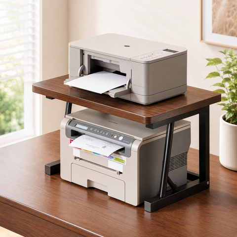 KRISHYAM® Printer Stand for Desk, 2-Tier Printer Table with Wooden Top & Metal Frame, Desktop Printer Rack & Office Organizer for Printer, Scanner, Documents & Supplies, 56 x 34 x 37 cm, Brown & Black