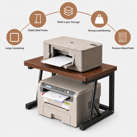 KRISHYAM® Printer Stand for Desk, 2-Tier Printer Table with Wooden Top & Metal Frame, Desktop Printer Rack & Office Organizer for Printer, Scanner, Documents & Supplies, 56 x 34 x 37 cm, Brown & Black