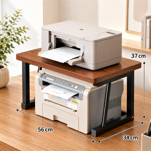 KRISHYAM® Printer Stand for Desk, 2-Tier Printer Table with Wooden Top & Metal Frame, Desktop Printer Rack & Office Organizer for Printer, Scanner, Documents & Supplies, 56 x 34 x 37 cm, Brown & Black