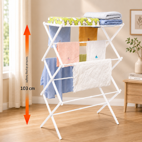 KRISHYAM® 3 Tier Foldable Clothes Drying Stand for Home, Multi-Level Metal Laundry Drying Rack with Multiple Hanging Rods, Space-Saving Clothes Rack for Balcony & Indoor Use, 78 x 38 x 103 cm, White & Black