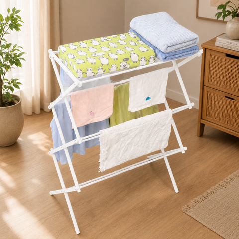 KRISHYAM® 3 Tier Foldable Clothes Drying Stand for Home, Multi-Level Metal Laundry Drying Rack with Multiple Hanging Rods, Space-Saving Clothes Rack for Balcony & Indoor Use, 78 x 38 x 103 cm, White & Black