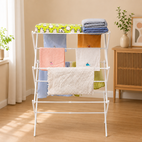 KRISHYAM® 3 Tier Foldable Clothes Drying Stand for Home, Multi-Level Metal Laundry Drying Rack with Multiple Hanging Rods, Space-Saving Clothes Rack for Balcony & Indoor Use, 78 x 38 x 103 cm, White & Black