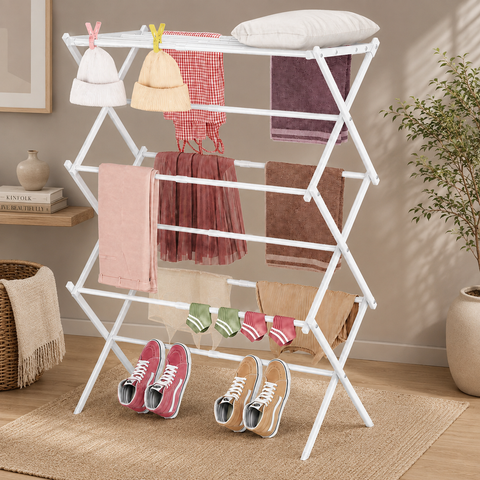 KRISHYAM® 3 Tier Foldable Clothes Drying Stand for Home, Multi-Level Metal Laundry Drying Rack with Multiple Hanging Rods, Space-Saving Clothes Rack for Balcony & Indoor Use, 78 x 38 x 103 cm, White & Black