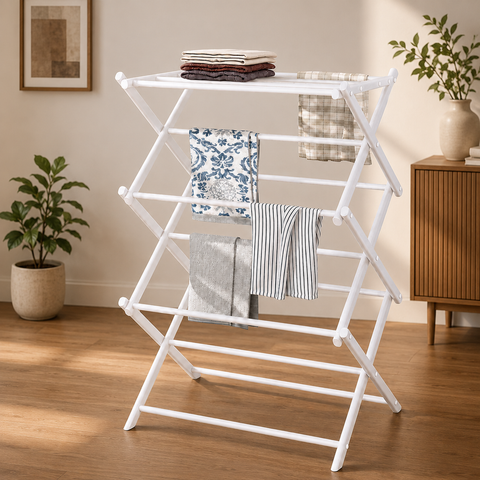KRISHYAM® 3 Tier Foldable Clothes Drying Stand for Home, Multi-Level Metal Laundry Drying Rack with Multiple Hanging Rods, Space-Saving Clothes Rack for Balcony & Indoor Use, 78 x 38 x 103 cm, White & Black