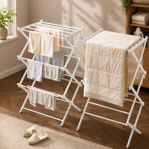 KRISHYAM® 3 Tier Foldable Clothes Drying Stand for Home, Multi-Level Metal Laundry Drying Rack with Multiple Hanging Rods, Space-Saving Clothes Rack for Balcony & Indoor Use, 78 x 38 x 103 cm, White & Black