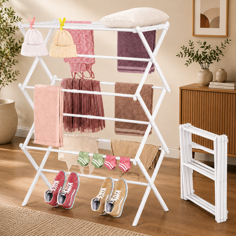 KRISHYAM® 3 Tier Foldable Clothes Drying Stand for Home, Multi-Level Metal Laundry Drying Rack with Multiple Hanging Rods, Space-Saving Clothes Rack for Balcony & Indoor Use, 78 x 38 x 103 cm, White & Black