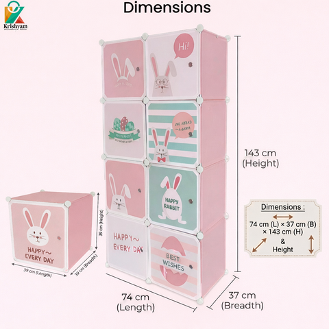 KRISHYAM® Kids Cartoon Collapsible Wardrobe with 2 Hanging Rod & 1 External Hanger Hook | 8/12-Cube Modular Storage Cabinet | Foldable Plastic Cupboard for Clothes, Toys & Books (8/12 Box Rabbit Print)