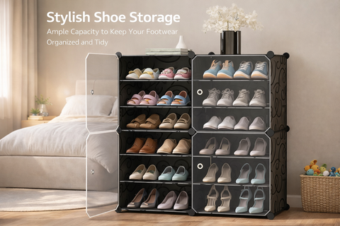 KRISHYAM® 12 Step Modular Shoe Rack Cabinet with Doors & Side Hooks, Stackable Plastic Shoe Organizer Storage Cabinet for Entryway, Bedroom & Closet, Dustproof (4 Door 12 Step (Black))