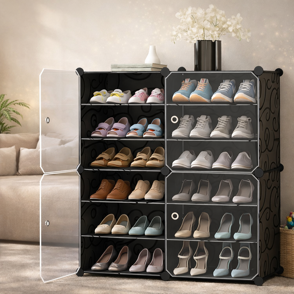 KRISHYAM® 12 Step Modular Shoe Rack Cabinet with Doors & Side Hooks, Stackable Plastic Shoe Organizer Storage Cabinet for Entryway, Bedroom & Closet, Dustproof (4 Door 12 Step (Black))