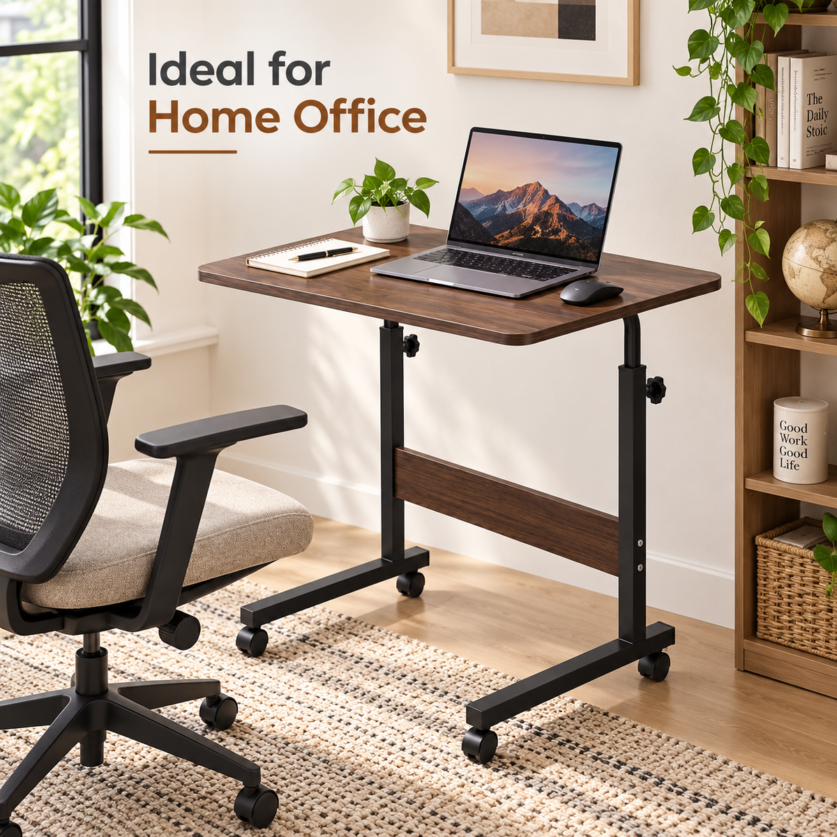 KRISHYAM® Height Adjustable Laptop Table with Wheels, 60 x 40 cm Engineered Wood Top, Mobile Rolling Bedside Study & Work Desk with Metal Frame for Bed, Sofa & Home Office, Walnut Brown & Black
