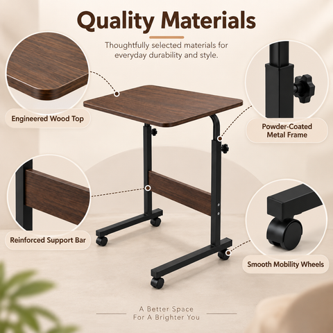 KRISHYAM® Height Adjustable Laptop Table with Wheels, 60 x 40 cm Engineered Wood Top, Mobile Rolling Bedside Study & Work Desk with Metal Frame for Bed, Sofa & Home Office, Walnut Brown & Black