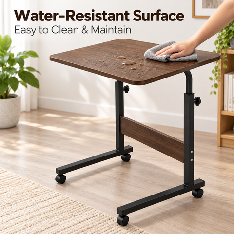 KRISHYAM® Height Adjustable Laptop Table with Wheels, 60 x 40 cm Engineered Wood Top, Mobile Rolling Bedside Study & Work Desk with Metal Frame for Bed, Sofa & Home Office, Walnut Brown & Black