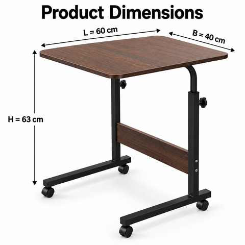 KRISHYAM® Height Adjustable Laptop Table with Wheels, 60 x 40 cm Engineered Wood Top, Mobile Rolling Bedside Study & Work Desk with Metal Frame for Bed, Sofa & Home Office, Walnut Brown & Black