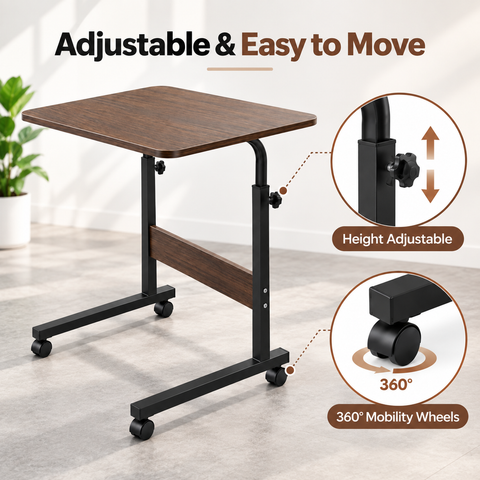 KRISHYAM® Height Adjustable Laptop Table with Wheels, 60 x 40 cm Engineered Wood Top, Mobile Rolling Bedside Study & Work Desk with Metal Frame for Bed, Sofa & Home Office, Walnut Brown & Black